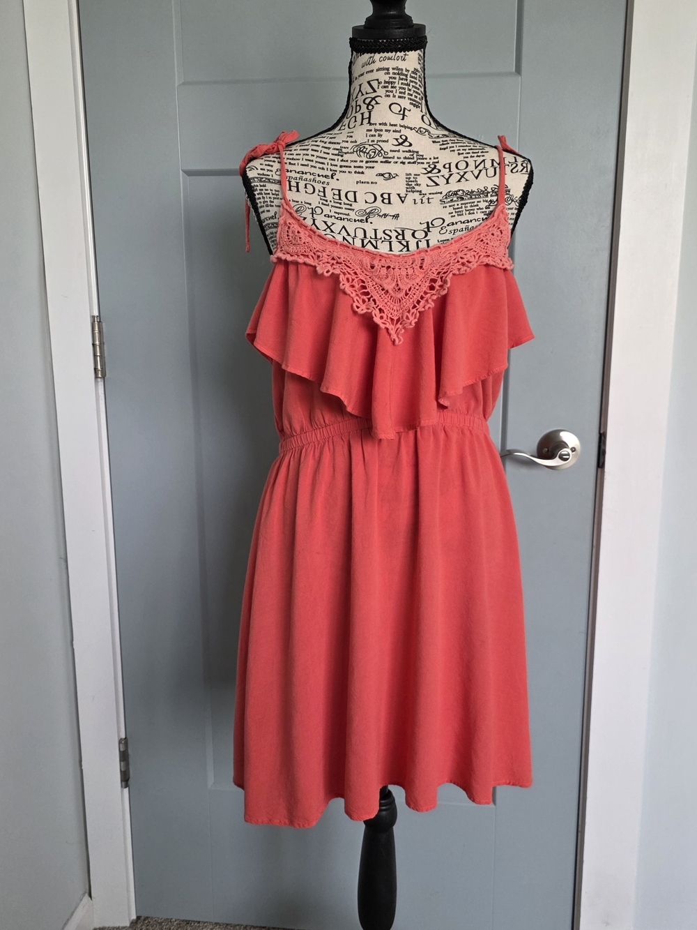 Olsenboye Coral Pink Crochet Lace Trim Ruffle Dress Cutout Back Womens Size XL